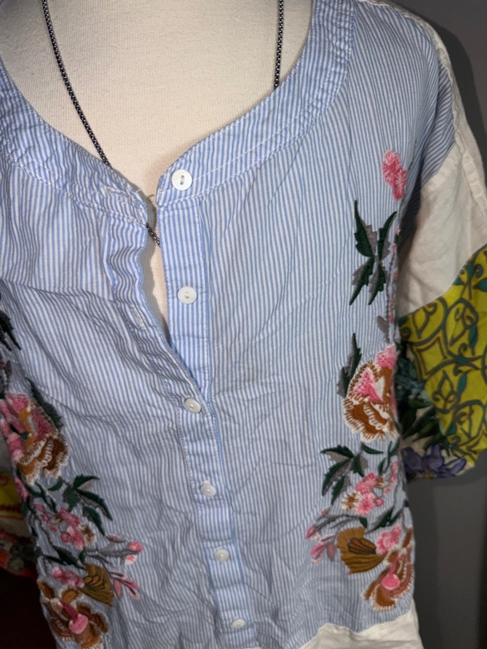 John Mark Multi-Color Embroidered Patchwork Top - Picture 3 of 9